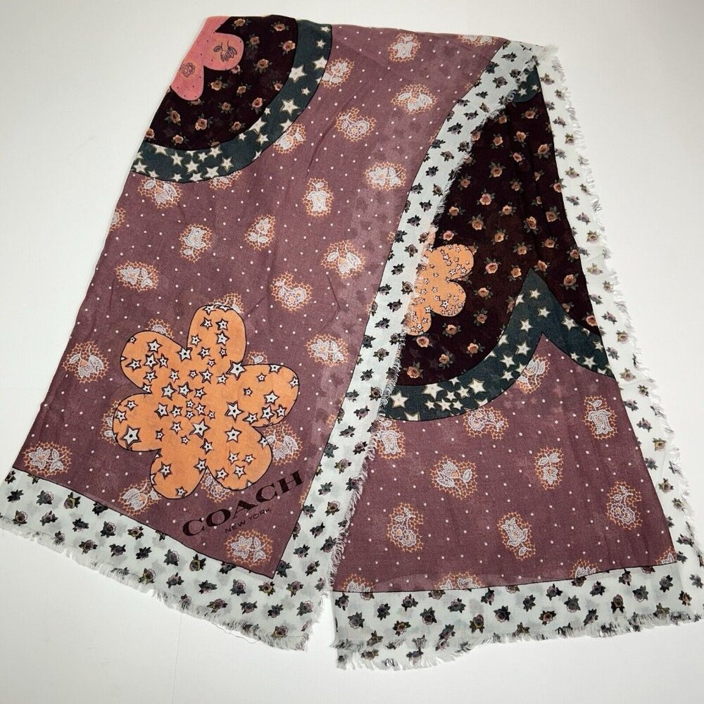 Coach Desert Flower Patchwork Oversized Scarf Multicolor Pink White Silk Blend